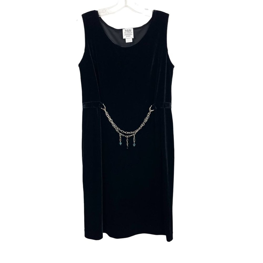 Vintage Black Velvet Tank Dress Built-In Silver Chain Belt - Size 8 Petite